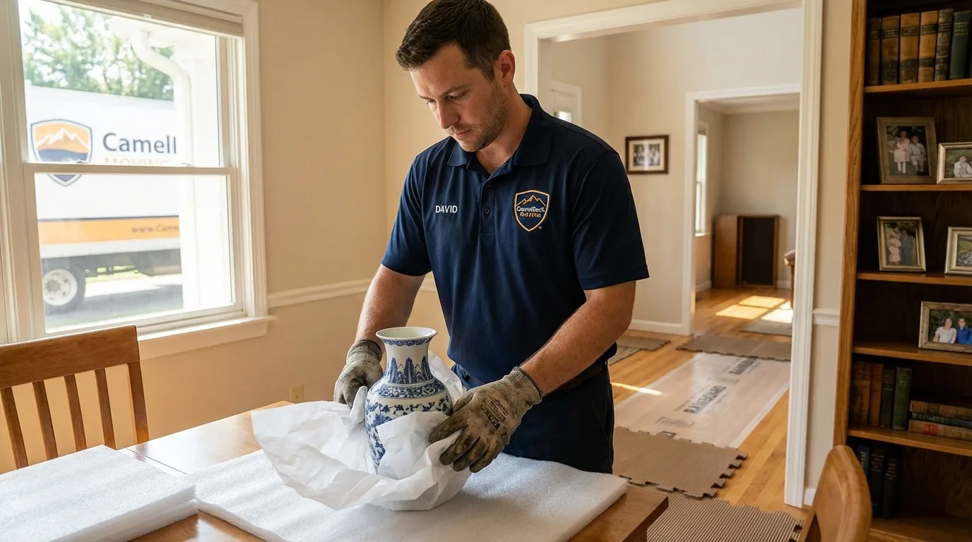 Professional crew carefully wrapping antique vase for senior downsizing move in Prestonsburg, KY